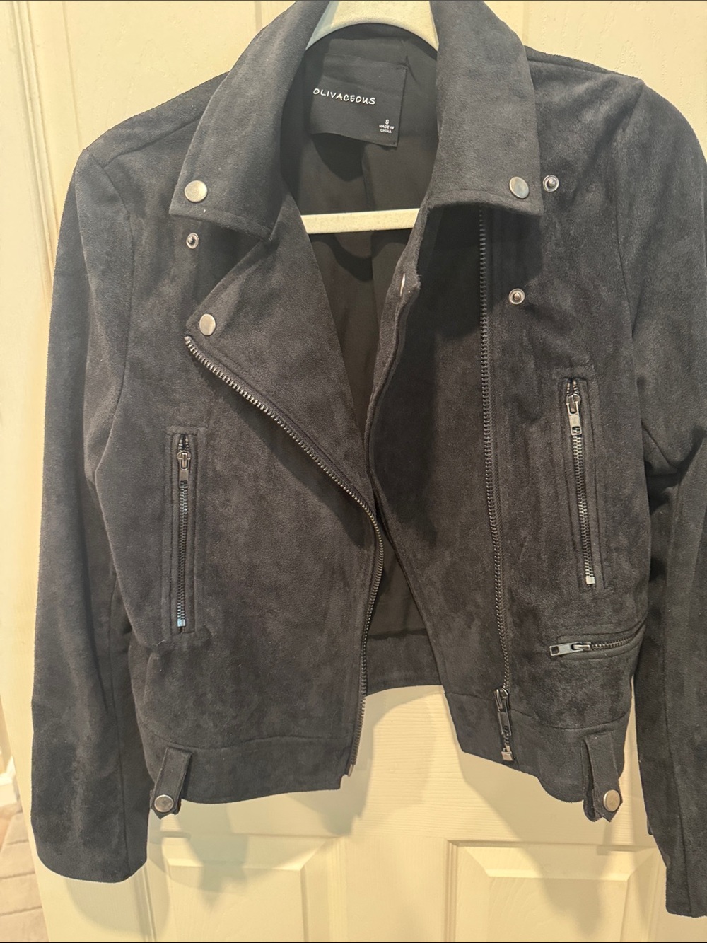 Olivaceous Black Suede Moto Jacket with Silver Hardware